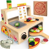 Conjunto de pizza de brinquedo WOODMAM Brinquedo de pizza de madeira com forno de assar 48 unidades (3 ou mais)
