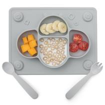 Conjunto de placas de sucção para bebês ROCCED, tapete americano, com colher e garfo, cinza Conjunto de placas de sucção para bebês ROCCED, tapete americano, com colher e garfo, cinza