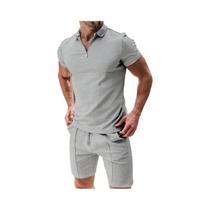 Conjunto De Polo Esportivo Masculino De Verão Com Camisa De Manga Curta E Zíper E Calções Casual