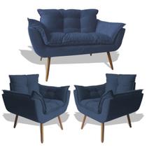 Conjunto De Poltronas 2 Opalas E 1 Namoradeira Azul Marinho - King Decor