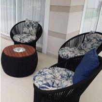 Conjunto de Poltronas em Corda Náutica Esfera - 4 Poltronas + 1 Mesa com Champanheira - Tecido Vinales Azul Conjunto de Poltronas em Corda Náutica Esfera - 4 Poltronas + 1 Mesa com Champanheira - Tecido Vinales Azul