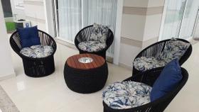 Conjunto de Poltronas em Corda Náutica Esfera - 4 Poltronas + 1 Mesa com Champanheira - Tecido Vinales Azul