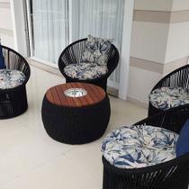 Conjunto de Poltronas em Corda Náutica Esfera - 4 Poltronas + 1 Mesa com Champanheira - Tecido Vinales Azul Conjunto de Poltronas em Corda Náutica Esfera - 4 Poltronas + 1 Mesa com Champanheira - Tecido Vinales Azul