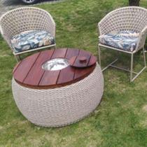 Conjunto de Poltronas em Corda Náutica Jasmin - 2 Poltronas + Mesa com Champanheira - Tecido Palmares Petróleo