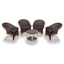 Conjunto de Poltronas Fibra Sintética Alumínio Berlim - 4 Poltronas + 1 Mesa Centro - Tecido Nautical Marinho