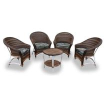 Conjunto de Poltronas Fibra Sintética Alumínio Berlim - 4 Poltronas + 1 Mesa Centro - Tecido Palmares Petróleo