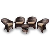 Conjunto de Poltronas Fibra Sintética Bali - 4 Poltronas + 1 Mesa Centro - Tecido Duna Deserto