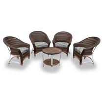 Conjunto de Poltronas Fibra Sintética Bali Alumínio - 4 Poltronas + 1 Mesa Centro - Tecido Costela de adão verde