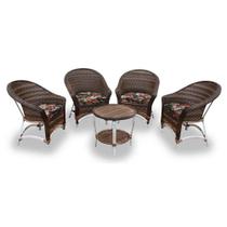 Conjunto de Poltronas Fibra Sintética Bali Alumínio - 4 Poltronas + 1 Mesa Centro - Tecido Maui Preto