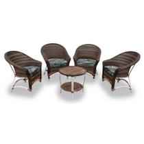 Conjunto de Poltronas Fibra Sintética Bali Alumínio - 4 Poltronas + 1 Mesa Centro - Tecido Palmares Petróleo