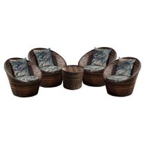 Conjunto de Poltronas Fibra Sintética Bola - 4 Poltronas + 1 Mesa Centro - Tecido Palmares Petróleo
