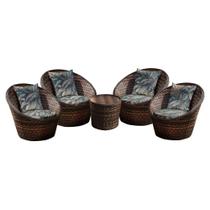 Conjunto de Poltronas Fibra Sintética Bola - 4 Poltronas + 1 Mesa Centro - Tecido Palmares Petróleo