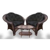 Conjunto de Poltronas Fibra Sintética Cairo - 2 Poltronas + 1 Mesa Centro - Tecido Duna Preto