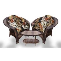 Conjunto de Poltronas Fibra Sintética Cairo - 2 Poltronas + 1 Mesa Centro - Tecido Revieira Marrom