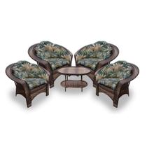 Conjunto de Poltronas Fibra Sintética Cairo - 4 Poltronas + 1 Mesa Centro - Tecido Palmares Petróleo