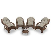 Conjunto de Poltronas Fibra Sintética Espreguiçadeira - 4 Poltronas + 1 Mesa Centro - Tecido Cabanas