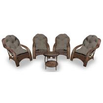 Conjunto de Poltronas Fibra Sintética Espreguiçadeira - 4 Poltronas + 1 Mesa Centro - Tecido Duna Fendi