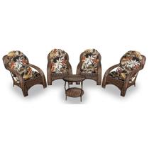 Conjunto de Poltronas Fibra Sintética Espreguiçadeira - 4 Poltronas + 1 Mesa Centro - Tecido Revieira Marrom