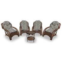 Conjunto de Poltronas Fibra Sintética Lisboa - 4 Poltronas + 1 Mesa Centro - Tecido Corda Náutica