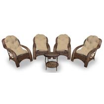 Conjunto de Poltronas Fibra Sintética Lisboa - 4 Poltronas + 1 Mesa Centro - Tecido Duna Deserto