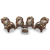 Conjunto de Poltronas Fibra Sintética Lisboa - 4 Poltronas + 1 Mesa Centro - Tecido Revieira Marrom