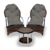 Conjunto de Poltronas Fibra Sintética Pequim Alumínio - 2 Poltronas + 1 Mesa Centro - Tecido Duna 2 Fendi