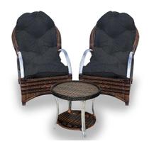 Conjunto de Poltronas Fibra Sintética Pequim Alumínio - 2 Poltronas + 1 Mesa Centro - Tecido Duna Preto