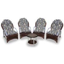 Conjunto de Poltronas Fibra Sintética Pequim Alumínio - 4 Poltronas + 1 Mesa Centro - Tecido Corda Náutica