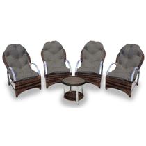 Conjunto de Poltronas Fibra Sintética Pequim Alumínio - 4 Poltronas + 1 Mesa Centro - Tecido Duna 2 Fendi