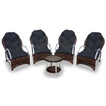 Conjunto de Poltronas Fibra Sintética Pequim Alumínio - 4 Poltronas + 1 Mesa Centro - Tecido Duna Preto