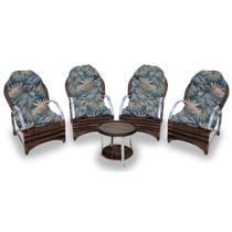 Conjunto de Poltronas Fibra Sintética Pequim Alumínio - 4 Poltronas + 1 Mesa Centro - Tecido Palmares Petróleo