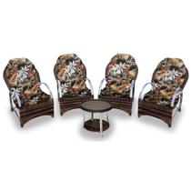 Conjunto de Poltronas Fibra Sintética Pequim Alumínio - 4 Poltronas + 1 Mesa Centro - Tecido Revieira Marrom