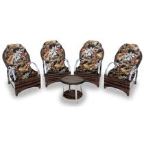 Conjunto de Poltronas Fibra Sintética Pequim Alumínio - 4 Poltronas + 1 Mesa Centro - Tecido Revieira Marrom