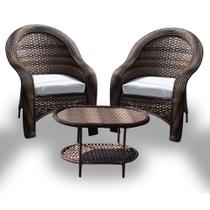 Conjunto de Poltronas Fibra Sintética Tóquio - 2 Poltronas + 1 Mesa Centro - Tecido Duna Cru