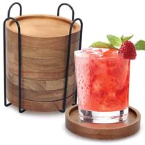 Conjunto de porta-copos Renawe Rustic Wooden Acacia Wood com suporte x8