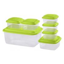 Conjunto de pote de plástico com 7 peças para alimentos retangular transparente verde vermelho