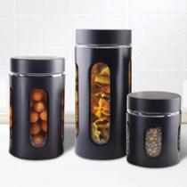 Conjunto de pote de vidro/inox para mantimento preto com visor - 3 peças hauskraft