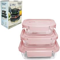 Conjunto de pote de vidro retangular com tampa de plastico e valvula rosa 3 pecas 1040 / 640 / 370ml