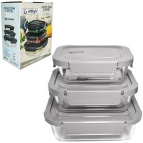 Conjunto de pote de vidro retangular com tampa plastico e valvula cinza 3 pecas 1040 / 640 / 370ml - Belakaza