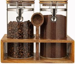 Conjunto de Pote para Café Yangbaga de Vidro 1350mL com Prateleira de Madeira Conjunto de Pote para Café Yangbaga de Vidro 1350mL com Prateleira de Madeira