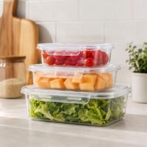 Conjunto De Potes 3 Peças Retangular Com Trava Plástico BPA Free Transparente Microondas Geladeira Cozinha Marmita Preserva Sabor