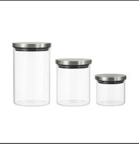 Conjunto de Potes de Vidro 3 peças com Tampas de Inox.