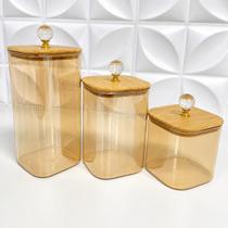 Conjunto de Potes de Vidro Âmbar Quadrado com Tampa Hermética de Bambu e Vedação em Silicone Conjunto de Potes de Vidro Âmbar Quadrado com Tampa Hermética de Bambu e Vedação em Silicone