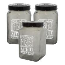 Conjunto de Potes de Vidro com Tampa Bon Appetit Preto 1,5L 3 peças - Casambiente
