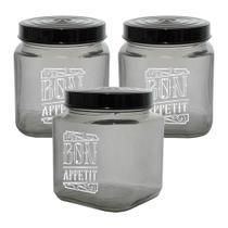 Conjunto de Potes de Vidro com Tampa Bon Appetit Preto 1L 3 peças - Casambiente