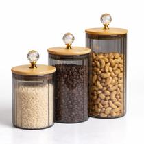 Conjunto de Potes de Vidro com Tampa de Bambu Porta Mantimentos Porta Condimentos Canelado Fumê Kit com 3 Unidades Porta Temperos