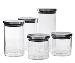 Conjunto de Potes de Vidro com Tampas em Aço Inox 5 Peças Tamanhos Variados