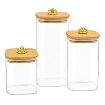 Conjunto de Potes de Vidro Herméticos Quadrado com Tampa de Bambu Argola Porta mantimentos Conjunto de Potes de Vidro Herméticos Quadrado com Tampa de Bambu Argola Porta mantimentos