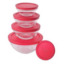 Conjunto De Potes De Vidro Redondos Incolor Com Tampa Plástica Vermelha 5 Peças Tigelas De Vidro Porta Alimentos Euro Home