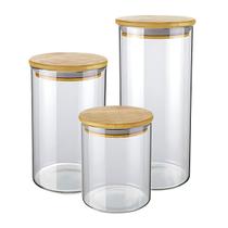 Conjunto de potes de vidro slim com tampa bambu 3 peças Conjunto de potes de vidro slim com tampa bambu 3 peças